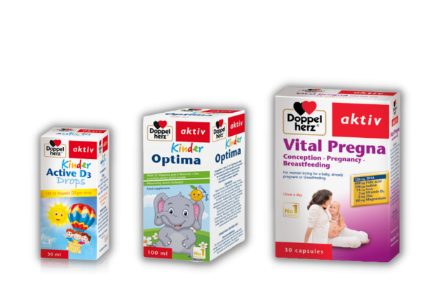 Dòng sản phẩm cho mẹ bầu là Vital Pregna, cho bé Kinder Optima và Kinder Active D3 Drops của Doppelherz được phân phối tại cửa hàng Con Cưng