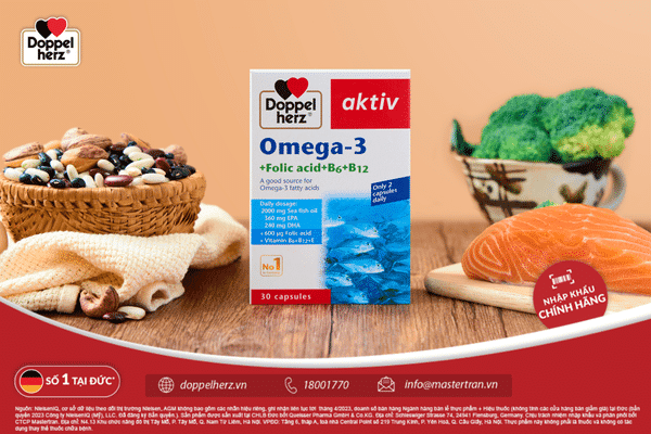 Viên dầu cá Doppelherz Omega 3 + Folic acid + B6 + B12 Đức bổ tim mạch, não bộ & thị lực