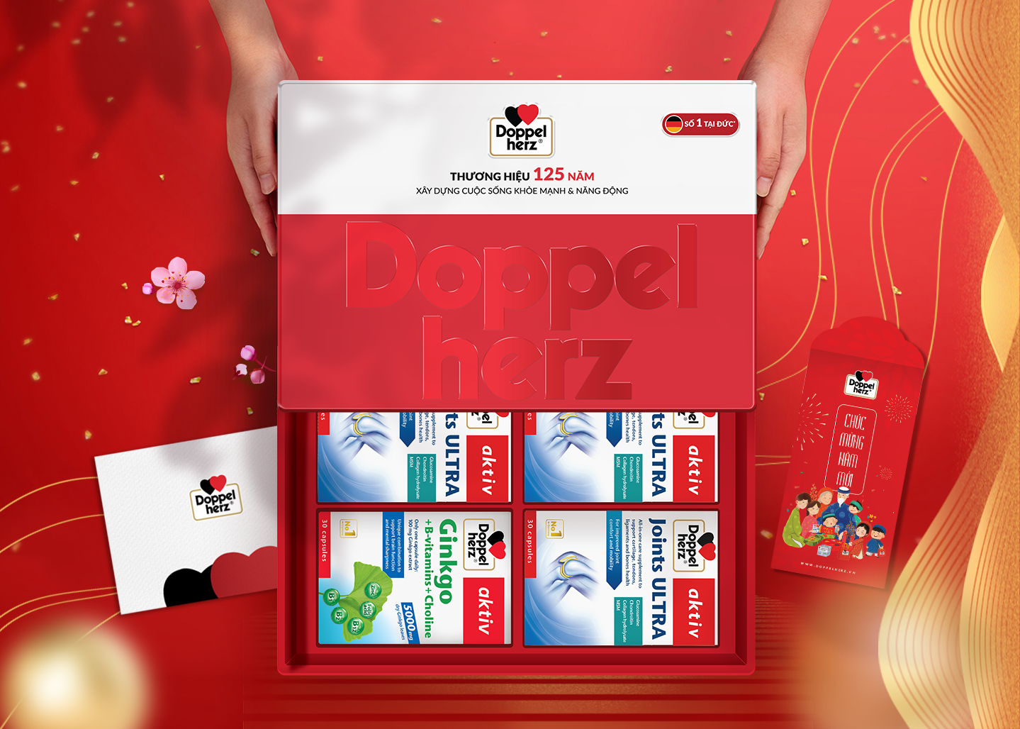 Sản phẩm trong hộp quà Tết 2026 cho sức khỏe xương khớp của Doppelherz