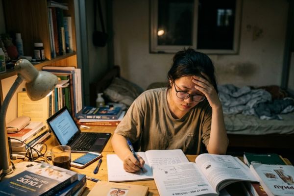 thức đêm học bài với ánh sáng không ổn định